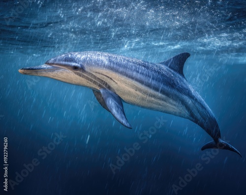 Striking image of a dolphin swimming gracefully beneath the surface. Rain streaks. Blue hues