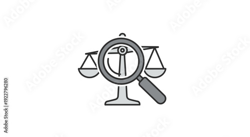Justice law scales with magnifying glass.