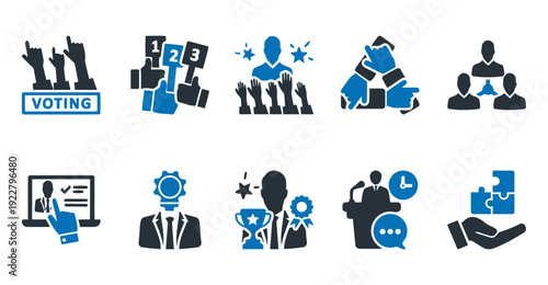 Political and election icons set with voting hands people and leadership symbols