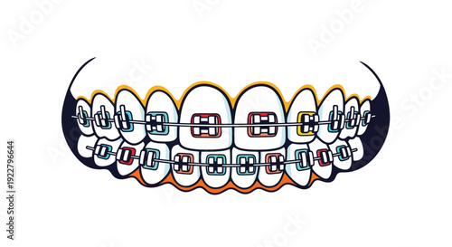 Illustration of human teeth with colorful metal braces against a white background
