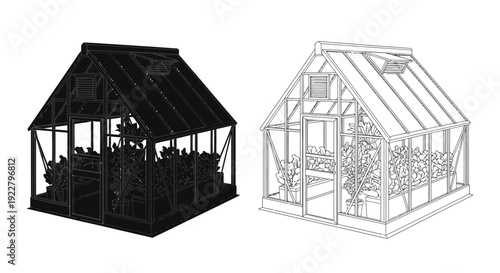Two greenhouse illustrations one filled one empty in black and white