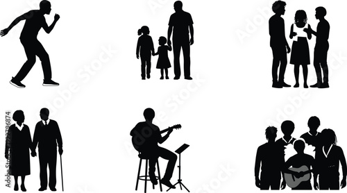 Silhouette family groups, children playing, elderly couple, music performance, social interaction, lifestyle diversity, unity, love, community bonds, inclusive illustration design