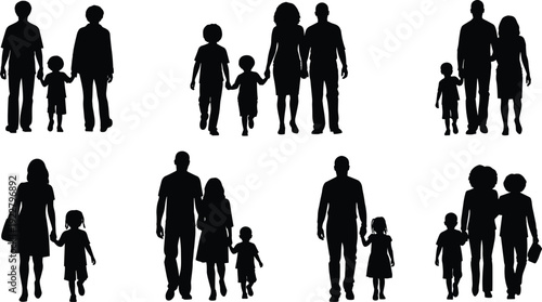 Silhouette family groups, parents children holding hands, diverse households, modern lifestyle, unity, love, parenting, inclusivity, community, family bonds illustration design