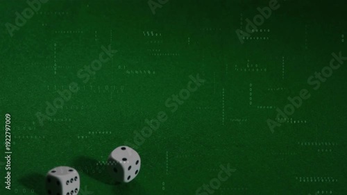 Two white dice entering left, tumbling and colliding on green felt, settling, showing roll outcome