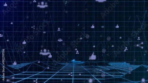 Central lit node starting camera pull, icons drifting and pulsing, waves rising, showing data flow