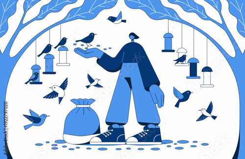 Person feeding birds with bird feeders in blue color scheme  