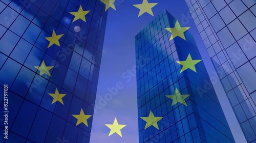 EU star circle appearing at start rotating clockwise drifting down between towers creating motion