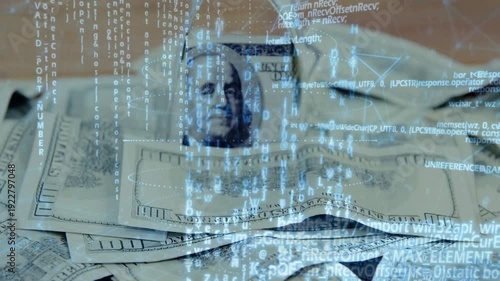 Digital overlay appearing, metallic tongs descending and lifting center bill to show security code