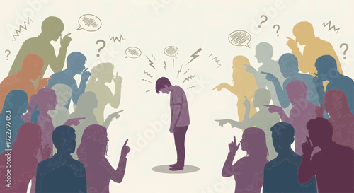 Isolated young man overwhelmed by accusations and judgment from a crowd of diverse, colorful silhouettes pointing and gossiping, symbolizing bullying, stress, and social pressure.