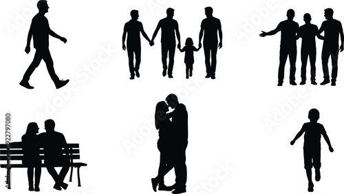 Silhouette family groups, couples embracing, children running, people walking, social interaction, lifestyle diversity, unity, love, community bonds illustration design