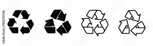Recycle symbol icons in solid black and outline styles, representing environmental care