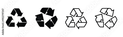 Recycle symbols set, three chasing arrows icons filled and outline versions