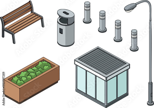 Urban park scene illustration featuring bench, trash can, lampposts, planter box, and kiosk from a top-down viewpoint