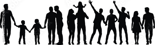 Silhouette family groups, parents children holding hands, people standing together, unity, love, lifestyle diversity, community bonds, inclusivity, family illustration design concept