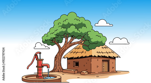 Indian Village Mud House Flat Vector Illustration Isolated on White Background 2D Flat Design