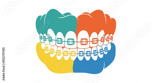 Colorful illustration of teeth with braces representing dental care