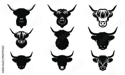 Set of nine black silhouette highland cow heads with long horns and shaggy hair cattle bull