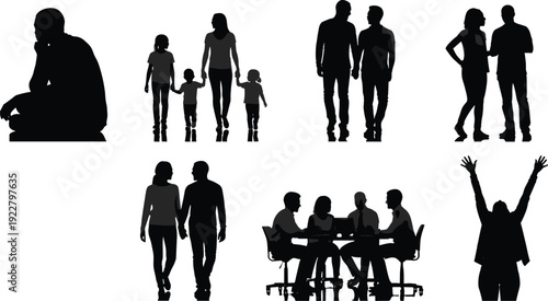 Silhouette family groups, couples walking, parents children holding hands, people talking, sitting together, thoughtful pose, celebration, lifestyle diversity, unity, love illustration design