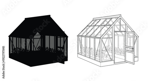 Two greenhouse illustrations a solid black shape and a detailed line drawing