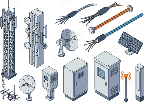 Telecommunication infrastructure components illustrated in a detailed graphic representation showcasing various technology and equipment