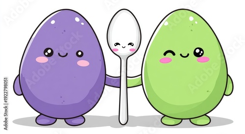 Cute illustrated eggs and spoon with happy faces, arms around each other