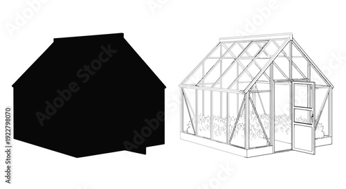 Two greenhouse designs presented in contrasting black and white line art