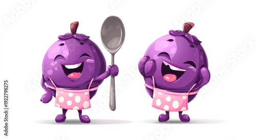 Two cheerful, anthropomorphic purple fruit characters wearing aprons, one holding a spoon