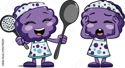 Cartoon purple food characters with aprons and headbands, holding kitchen utensils and smiling