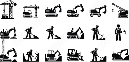 Construction and mining equipment silhouettes including excavators cranes and workers with shovels and pickaxes for industrial building development site and machinery icons