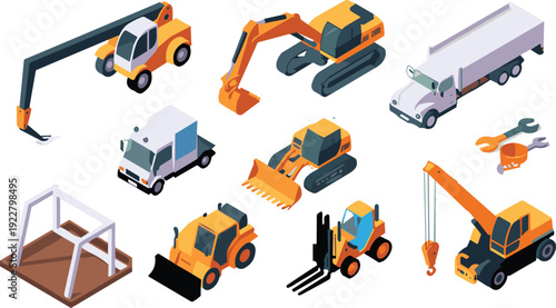 Isometric construction machinery set with excavator forklift crane truck loader and heavy equipment for industrial building site illustration