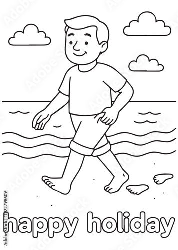 coloring book  father walking barefoot along the beach with smile