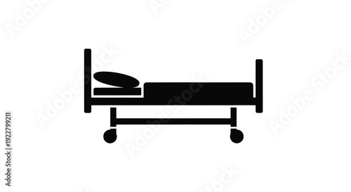 Simple black and white icon depicting a hospital bed with wheels