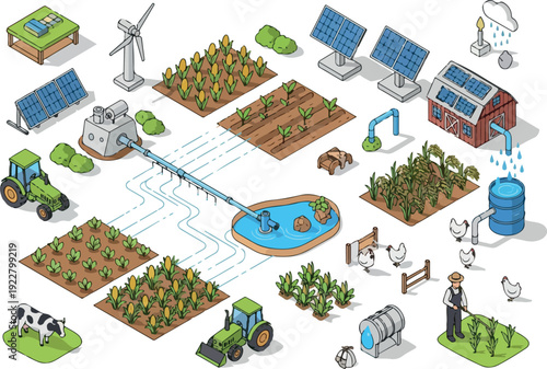 Sustainable farm landscape with renewable energy, irrigation, and agricultural activities