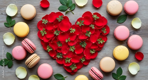A heartwarming display of roses and macarons on a wooden surface with green leaves