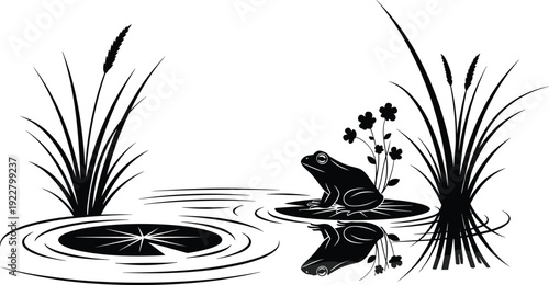 Frog sitting on a lily pad in a pond with cattails and flowers silhouette for nature wetland landscape and wildlife pond icons
