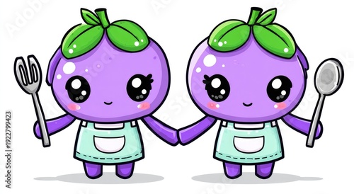 Adorable cartoon eggplants with big eyes, holding hands & utensils, wearing aprons, smiling