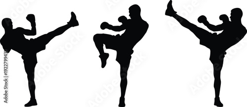 Muay Thai kickboxing fighter silhouette set performing high kicks and guard stance, combat sports vector illustration isolated background