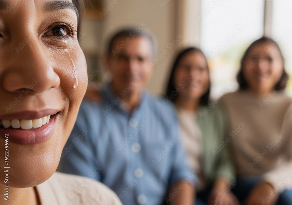Obraz premium Emotional Moment of Joy and Pride Happy Woman with Tear and Family in Background All the Feels Lifestyle