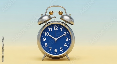 A cute alarm clock with a blue face and golden hands on a beige background
