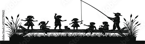 Group of happy children fishing from a log in a meadow with cattails for childhood summer outdoor adventure and family vacation icons