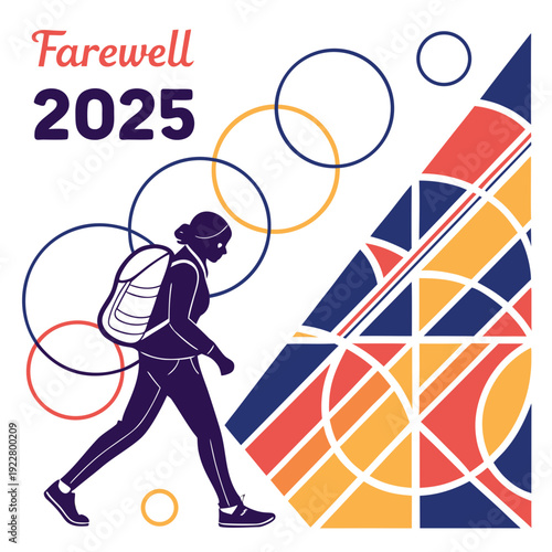 Student walks toward geometric graduation design.