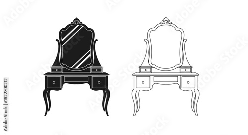 Two ornate dressing tables illustrated in black and white line art