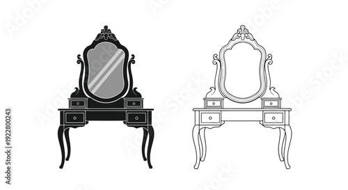 Two ornate vanity mirrors with tables one black and one white
