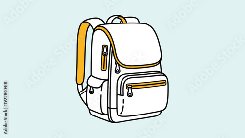 Modern backpack illustration with white fabric and yellow details shown in a clean line art style on a light blue background.