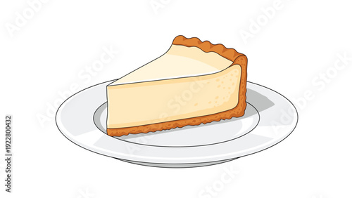 Delicious slice of creamy cheesecake with a golden crust served on a white ceramic plate against a plain white background.