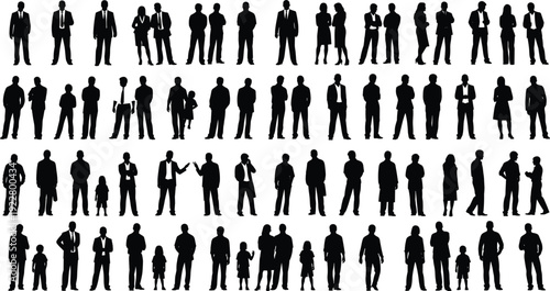 Large set of business people silhouettes including professionals in suits and casual clothing standing in rows for corporate community and diverse teamwork