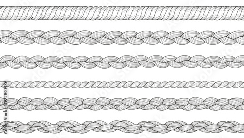Collection of various types of nautical ropes and braided cords shown as horizontal line art illustrations on a white background.