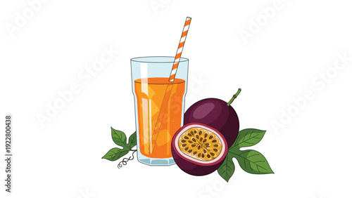 Tall glass of orange passion fruit juice with ice and a striped straw standing next to whole and halved purple fruits.