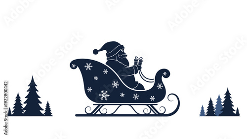 Dark blue silhouette of Santa Claus sitting in his sleigh filled with presents on a snowy winter background with pine trees.