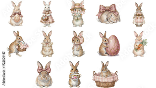 Vintage Watercolor Easter Bunny Clipart Collection with Pastel Eggs and Bows